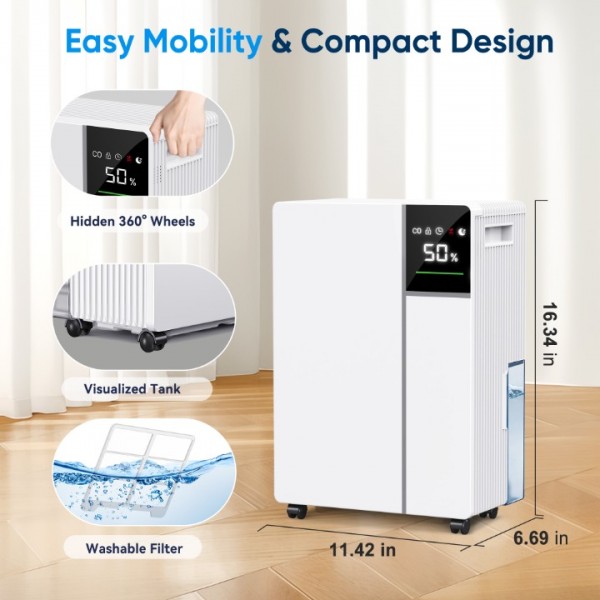 Graplife 2500 Sq.Ft Dehumidifier for Basement with Drain Hose Max, 34 Pints Dehumidifiers for Home, Bedroom, Bathroom, Large Room, Smart Humidity Presets, Three Modes, 24HR Timer, Reusable Air Filter