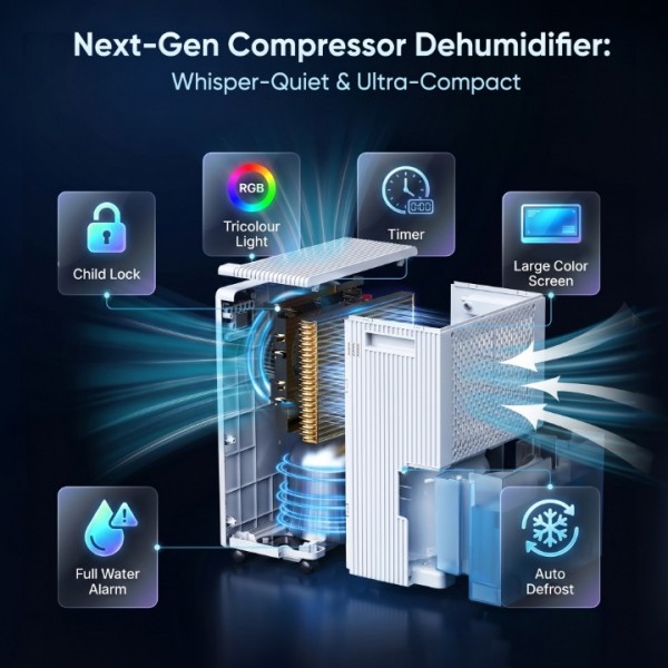 Graplife 2500 Sq.Ft Dehumidifier for Basement with Drain Hose Max, 34 Pints Dehumidifiers for Home, Bedroom, Bathroom, Large Room, Smart Humidity Presets, Three Modes, 24HR Timer, Reusable Air Filter