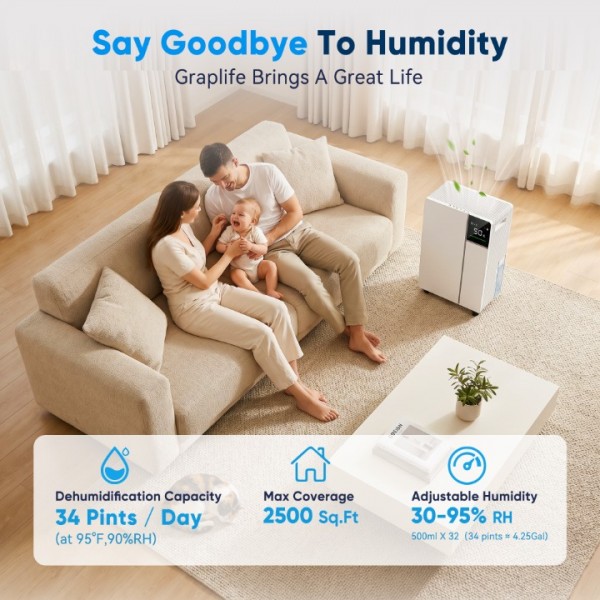 Graplife 2500 Sq.Ft Dehumidifier for Basement with Drain Hose Max, 34 Pints Dehumidifiers for Home, Bedroom, Bathroom, Large Room, Smart Humidity Presets, Three Modes, 24HR Timer, Reusable Air Filter